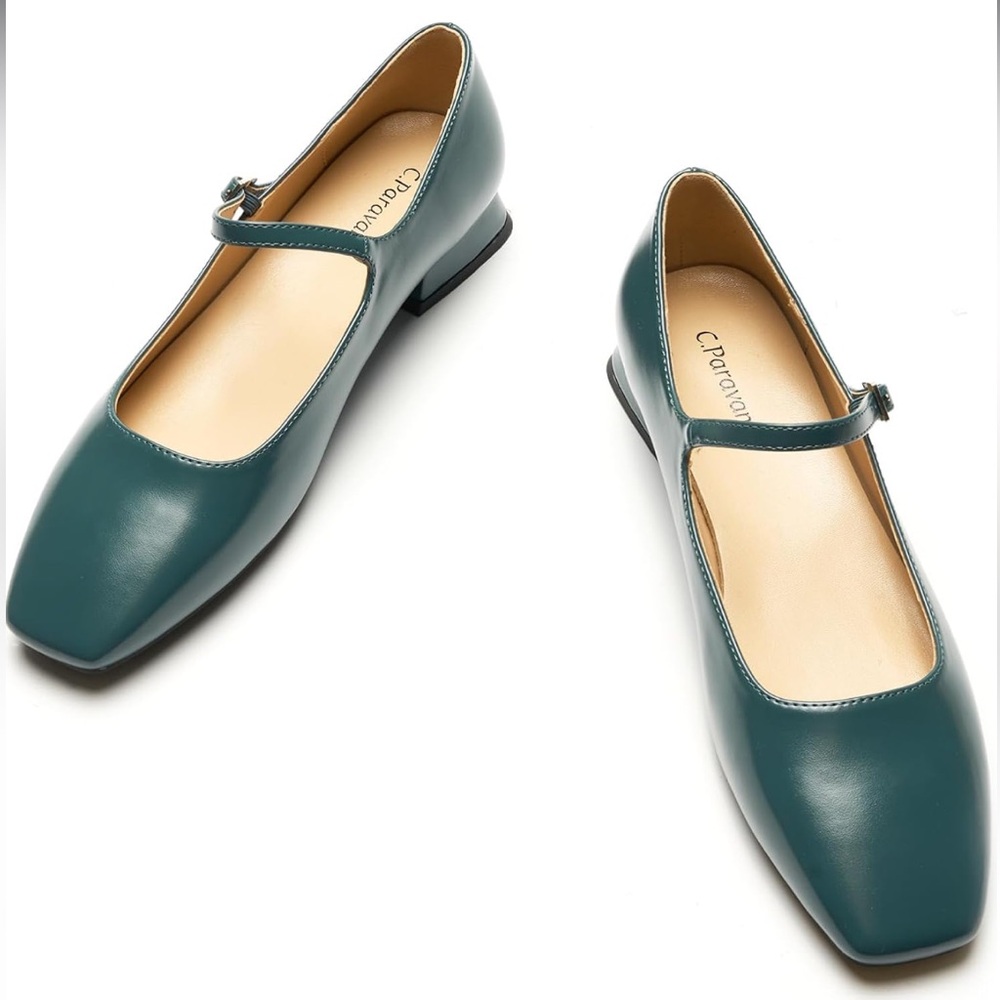 Square Toe Block Heel Mary Janes Peacock Green C.Paravano